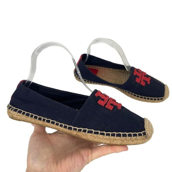 TORY BURCH Weston Navy Red Canvas Slip On Flat Espadrille Sandals Size 8M - Picture 1 of 16
